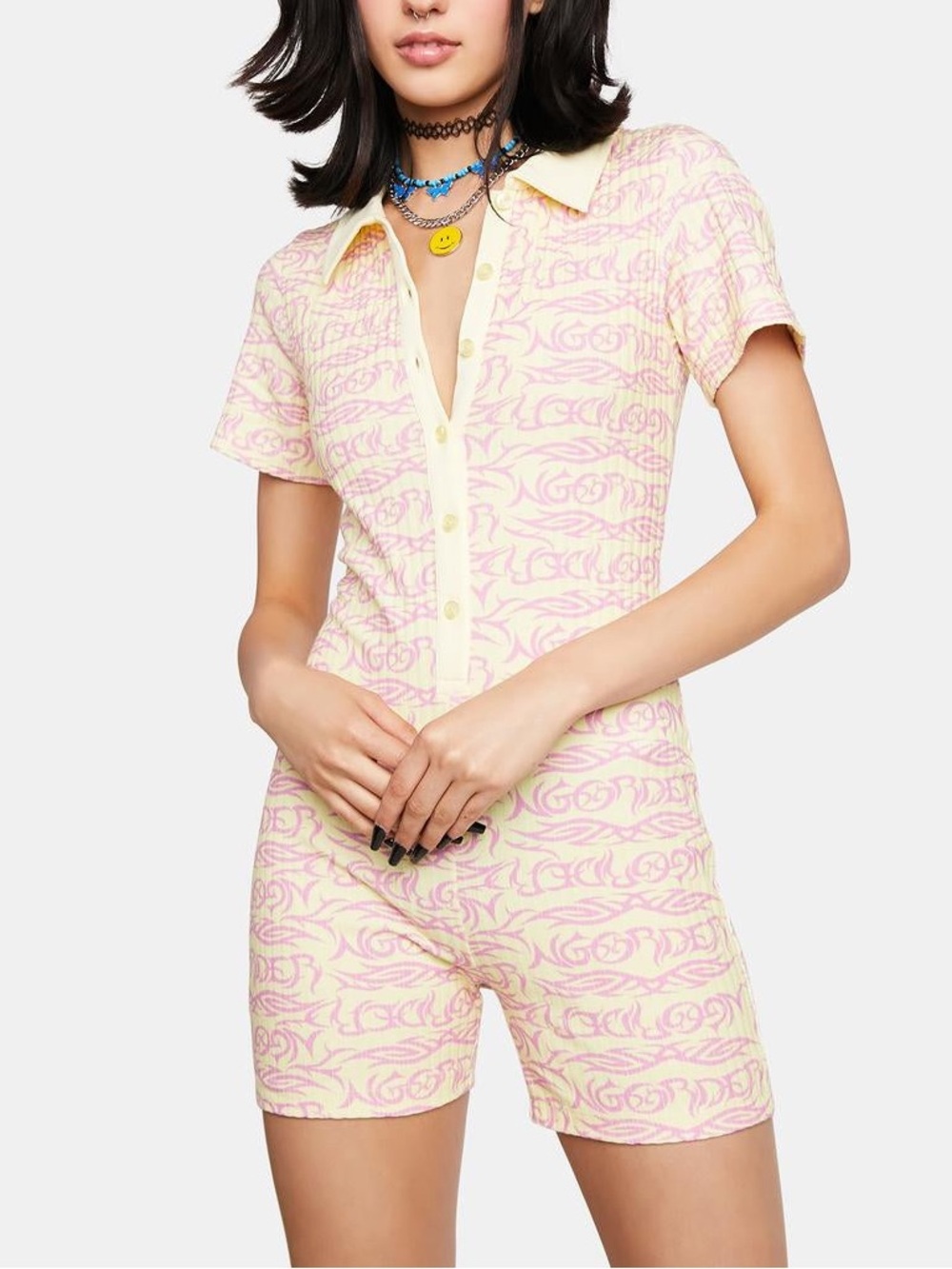 NWOT New Girl Order Yellow/ Pink Ribbed Knit Kawaii Bubble Core Romper Size 12
